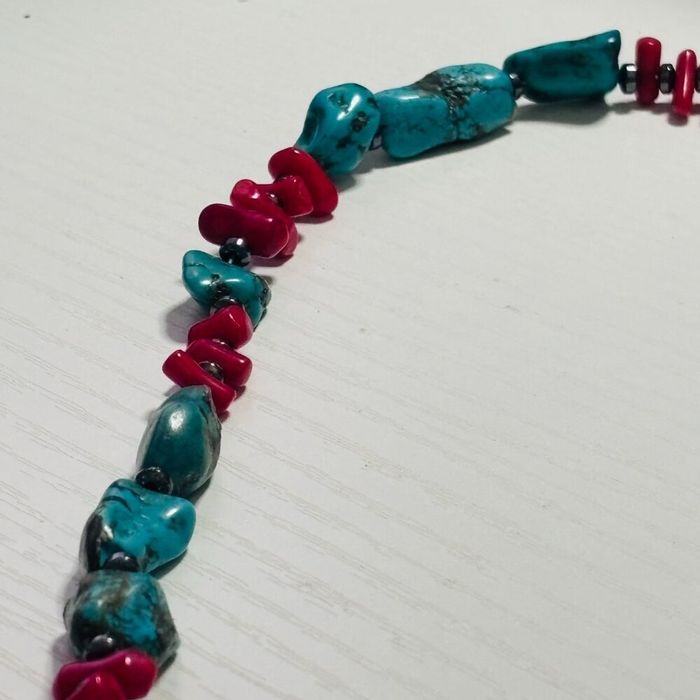 Turquoise Style & Coral Color Necklace 18” Chunky Southwestern Boho - Picture 4 of 11